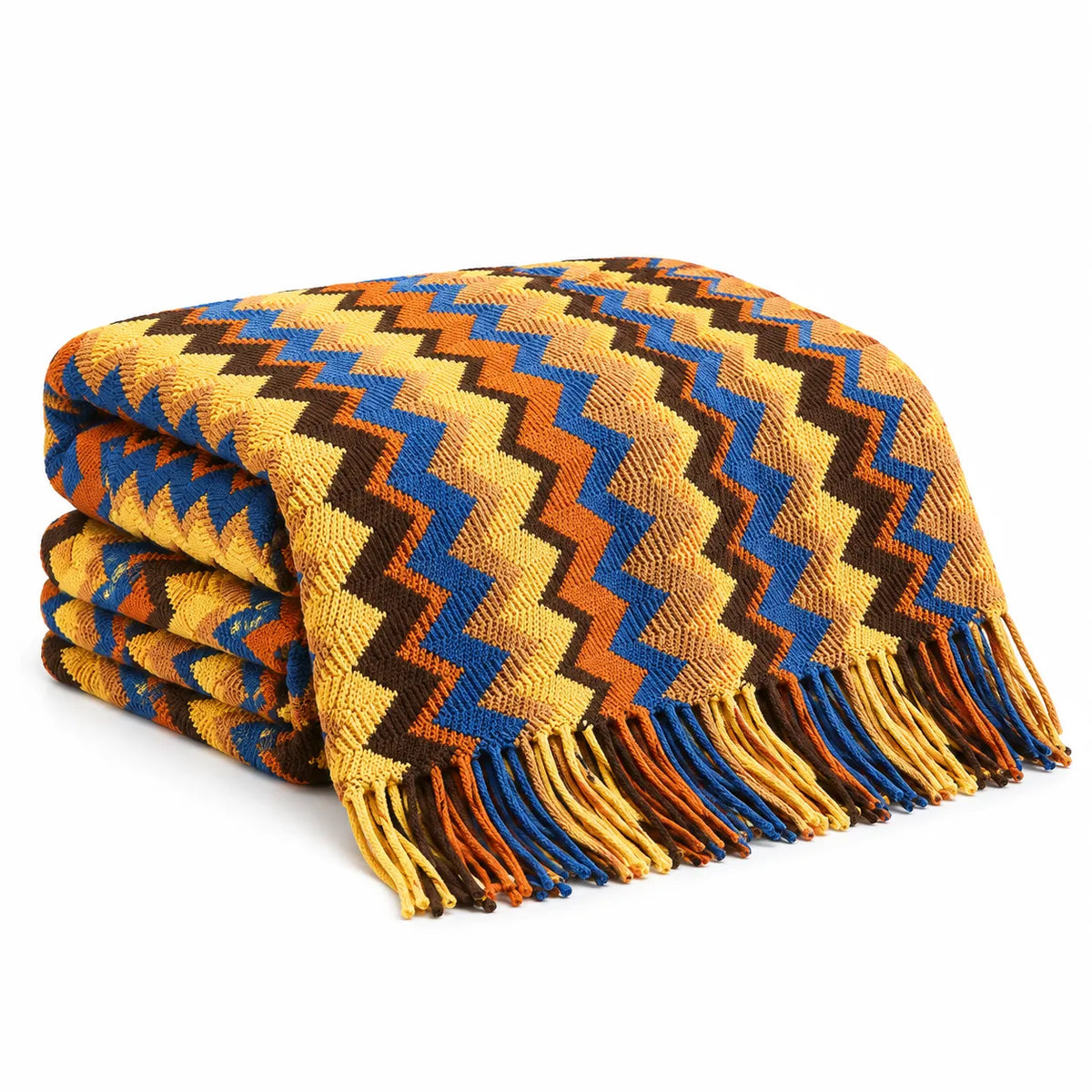 A folded woven throw blanket with a bold chevron pattern in yellow, blue, brown, and orange, finished with matching fringed edges, shown on a plain white background.