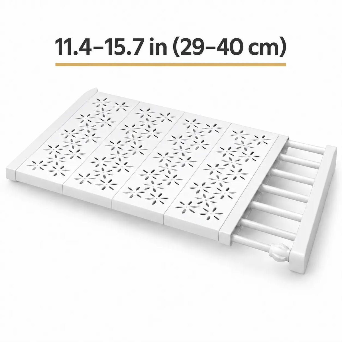 White plastic folding step stool with floral cutout patterns on the steps and a ladder-style side support, shown on a white background with text indicating dimensions 11.4-15.