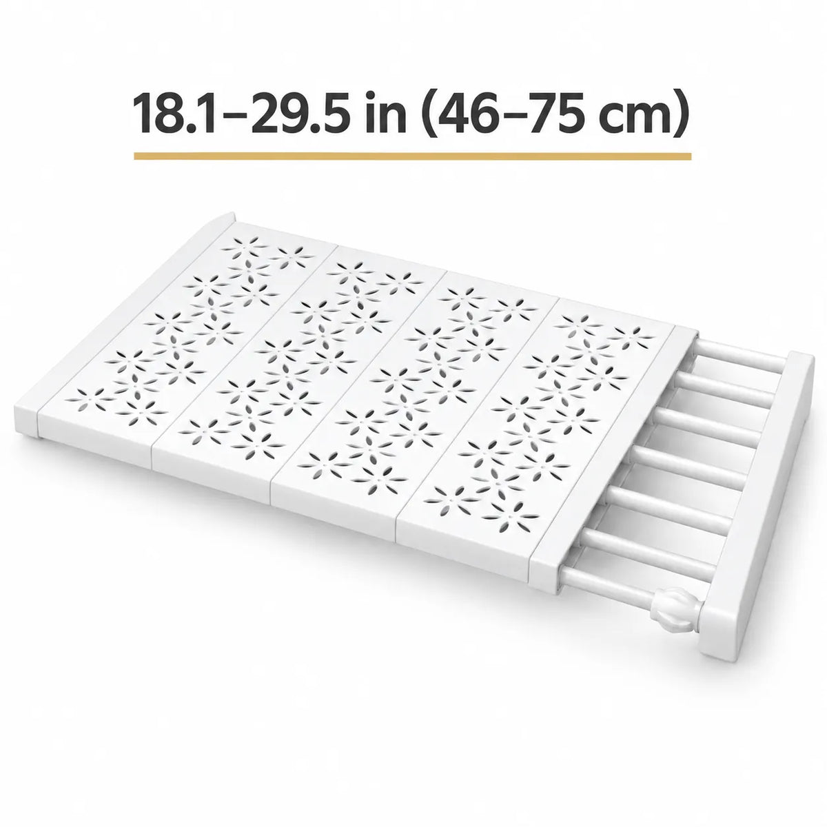 White plastic folding slide-out storage tray with star-shaped cutout patterns on the top surface, shown partially extended with text above reading 18.1-29.
