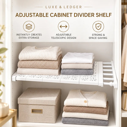 White adjustable telescoping cabinet divider shelf with decorative cutout slats, shown inside a closet organizer with folded sweaters, storage boxes, and text callouts for Luxe & Ledger.