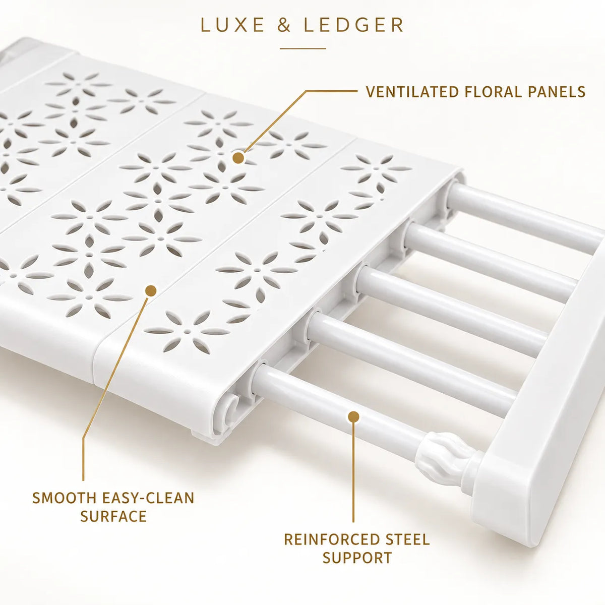 White plastic shower caddy with labeled callouts reading 'LUXE & LEDGER', 'VENTILATED FLORAL PANELS', 'SMOOTH EASY-CLEAN SURFACE', and 'REINFORCED STEEL SUPPORT' on a light beige background.