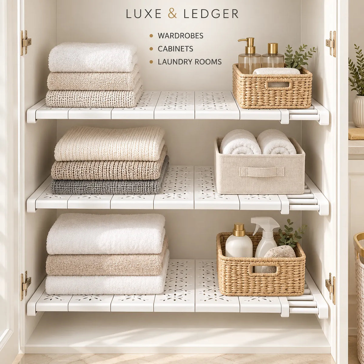 White plastic hanging shelf inserts organized inside a white wardrobe, holding folded towels, rolled towels, and woven storage baskets with toiletries. Text at the top reads 'LUXE & LEDGER' with bullet points for wardrobes, cabinets, and laundry rooms.