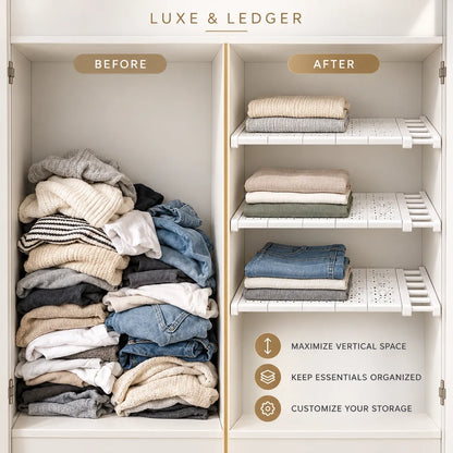 A before-and-after closet organization comparison. The left side, labeled BEFORE, shows a closet filled with folded clothing piled on the floor.