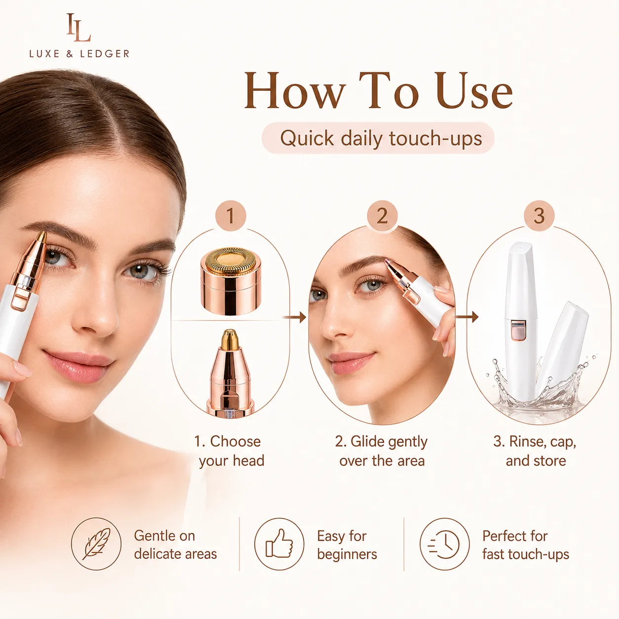 An instructional beauty graphic for Luxe & Ledger eyebrow pens showing three steps: choosing the head, gliding over the brow area, and rinsing, cap, and storing the pen. The left side features a woman holding the white and rose gold pen near her eye, with the brand name Luxe & Ledger at the top.