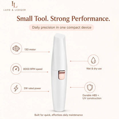 A white handheld beauty device with a rose gold power button, shown on a light beige background with marketing text and feature callouts from Luxe & Ledger.