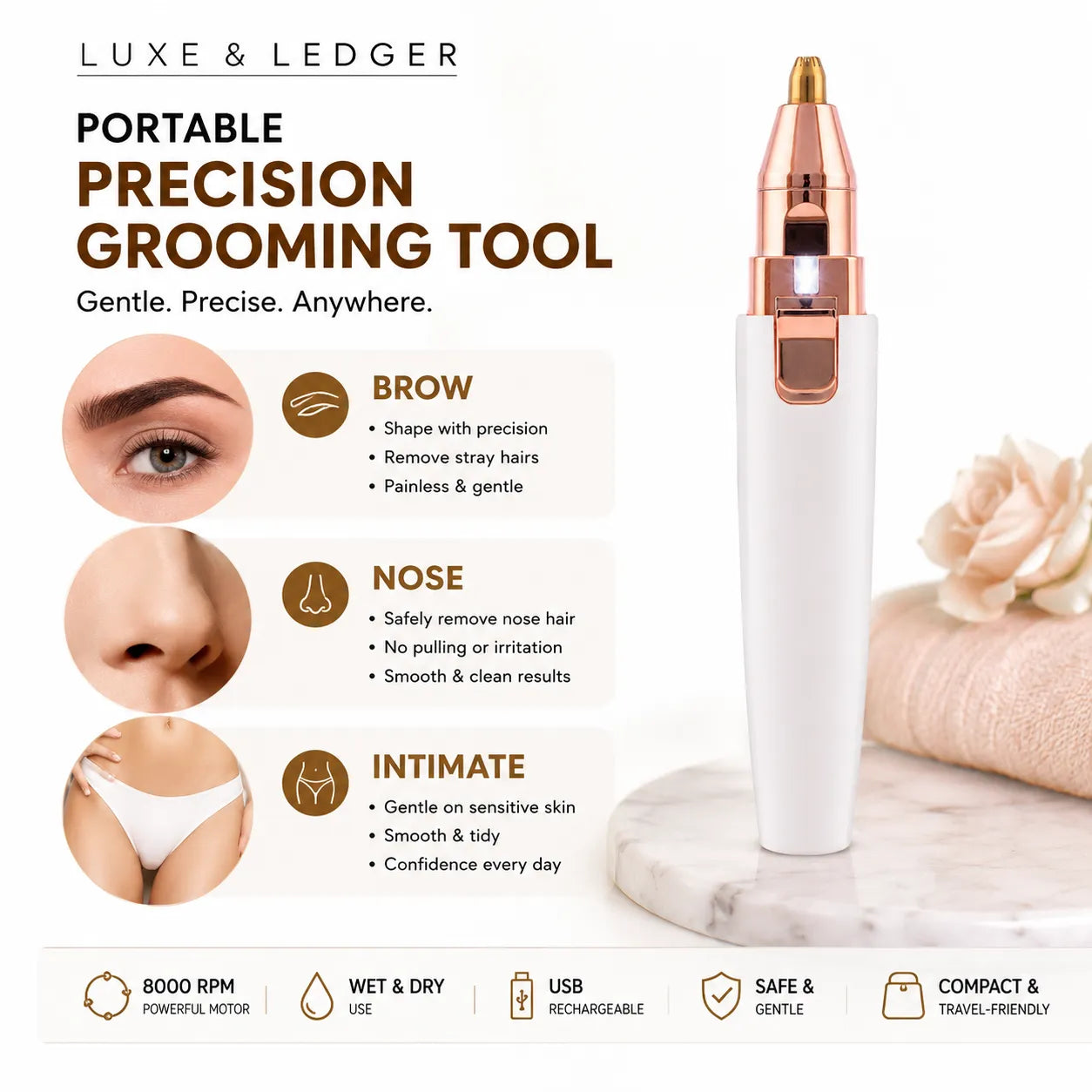 Luxe & Ledger portable precision grooming tool shown on a white background with promotional text, close-up usage examples for brow, nose, and intimate grooming, and feature icons along the bottom.