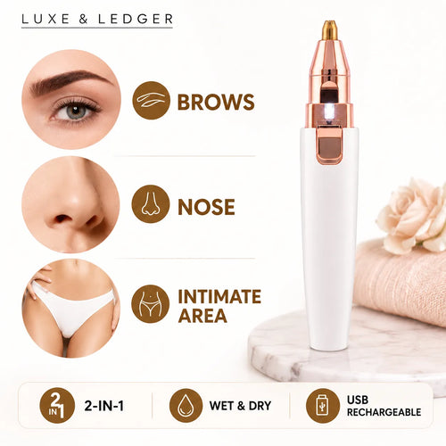 A white and rose gold electric eyebrow and nose trimmer shown on a marble surface next to a rolled towel and decorative flower. The left side features circular close-ups of an eye brow, nose, and intimate area with text labels 'BROWS', 'NOSE', and 'INTIMATE AREA'.