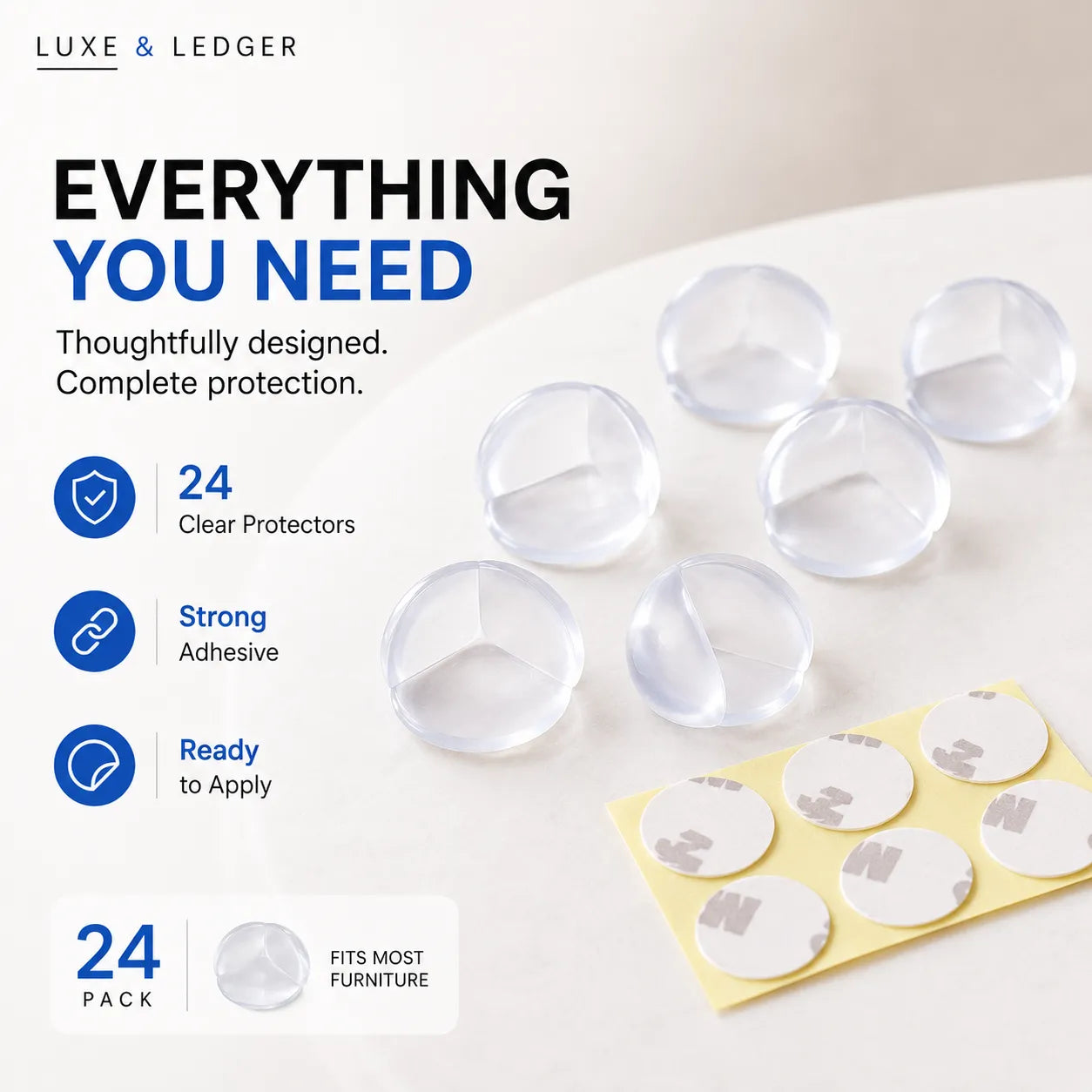 A promotional graphic for a furniture protection set showing several clear round transparent covers and a sheet of round adhesive pads on a light background, with text reading 'EVERYTHING YOU NEED' and '24 Clear Protectors' from Luxe & Ledger.