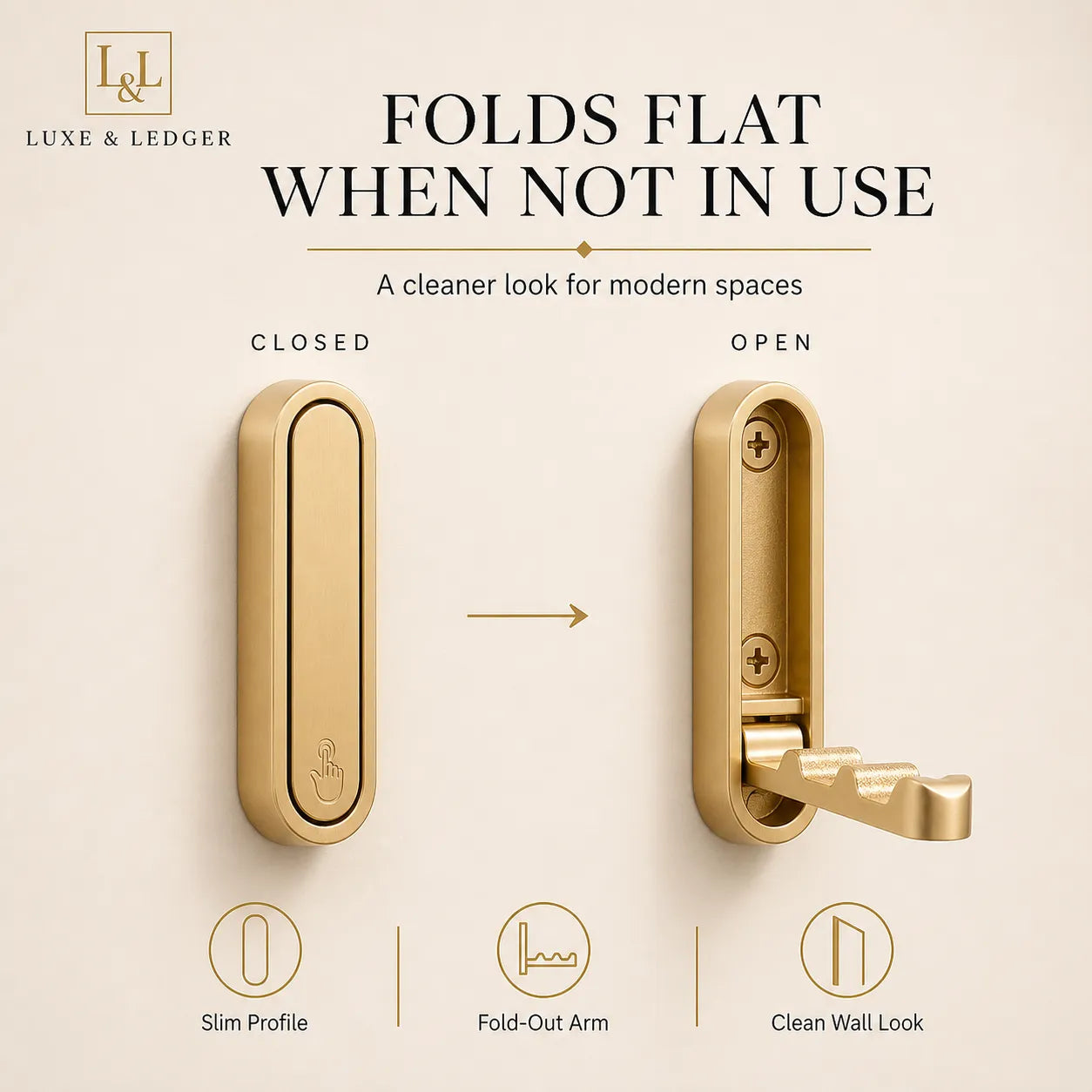 Gold door handle with lock mechanism on a beige background, featuring Luxe & Ledger branding.
