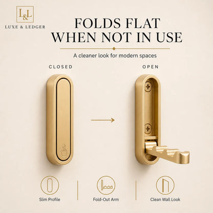 Gold door handle with lock mechanism on a beige background, featuring Luxe & Ledger branding.