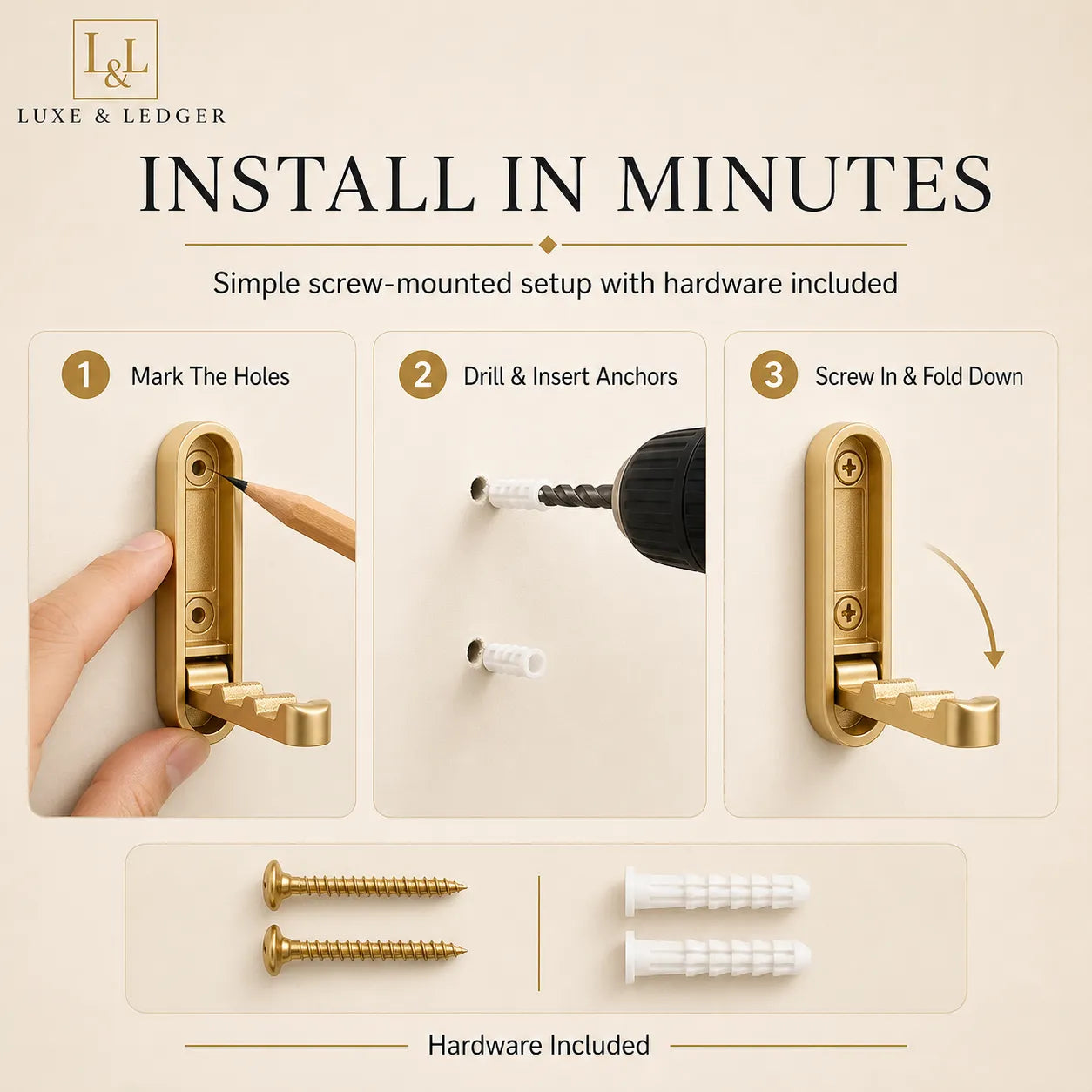 Step-by-step installation guide for a gold door handle with hardware on a beige background.
