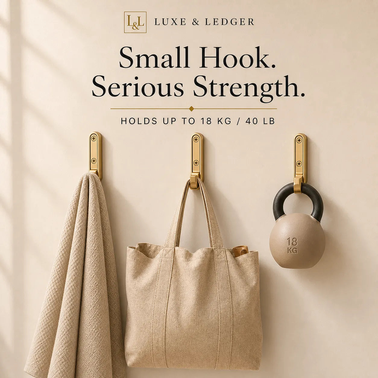 Wall hooks with a towel, bag, and kettlebell against a beige wall, featuring Luxe & Ledger branding.