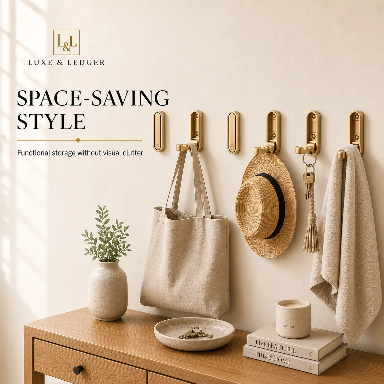 Wall hooks with a bag, hat, and towel on a light wall, with 'Luxe & Ledger' branding.