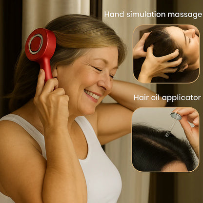 Woman using a red hair care device with inset images of hand massage and hair oil application.
