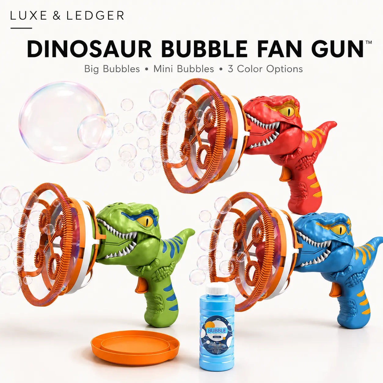 Dinosaur-shaped bubble fan guns with a bottle of bubbles on a white background, branded 'Luxe & Ledger'.