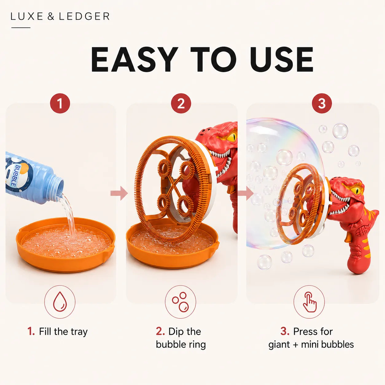Instructions for using a bubble toy with a dinosaur design, featuring steps to fill a tray, dip a bubble ring, and press for bubbles.