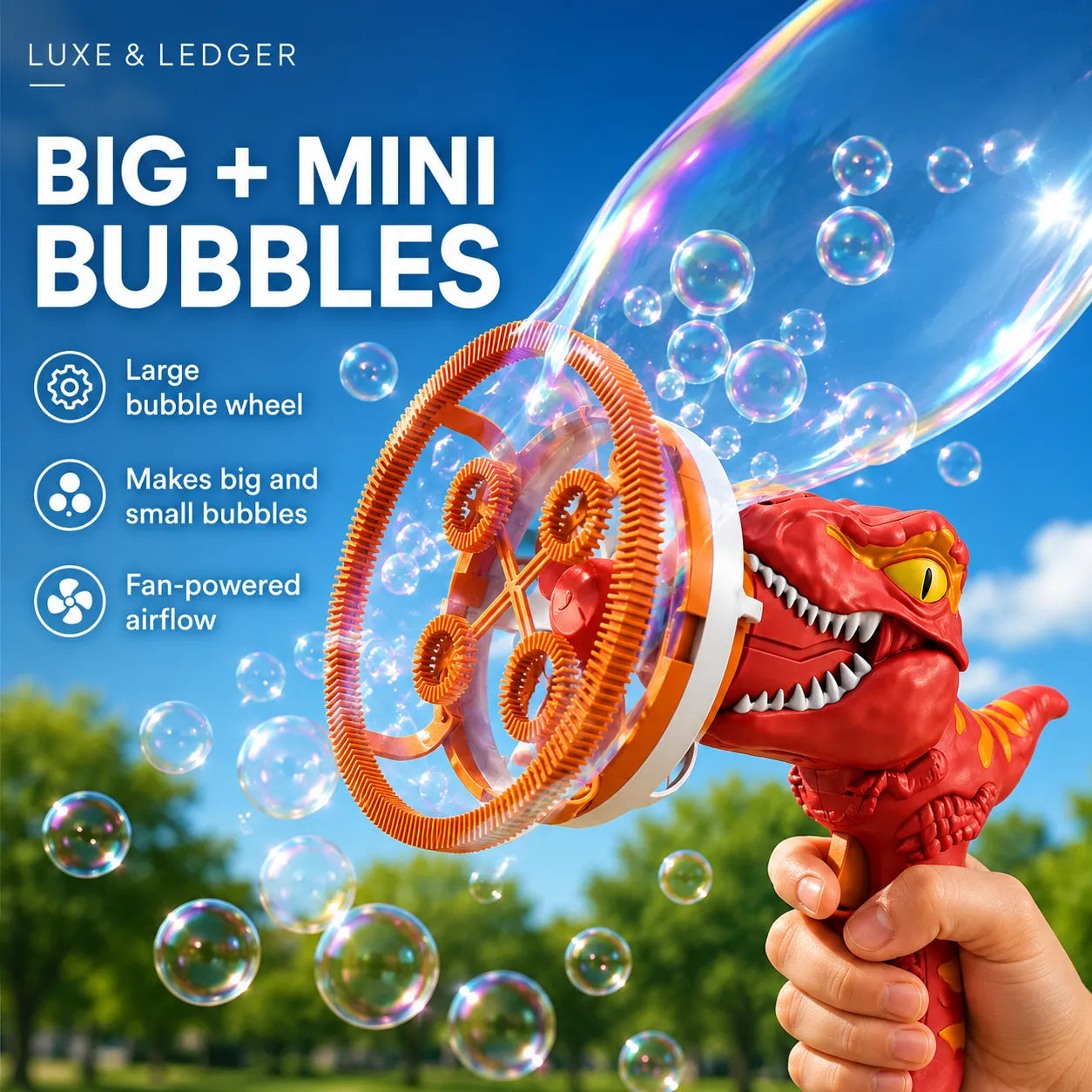 Red dragon-shaped bubble machine blowing bubbles with a clear blue sky and green trees in the background.
