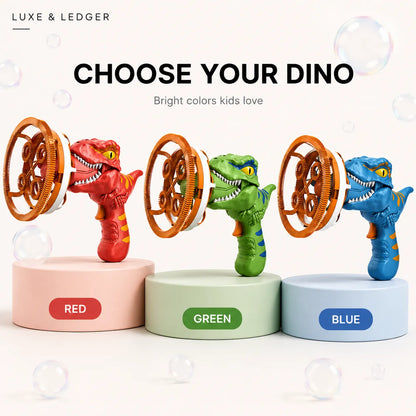 Three colorful dinosaur toys on stands with 'Luxe & Ledger' branding and text 'Choose Your Dino'.