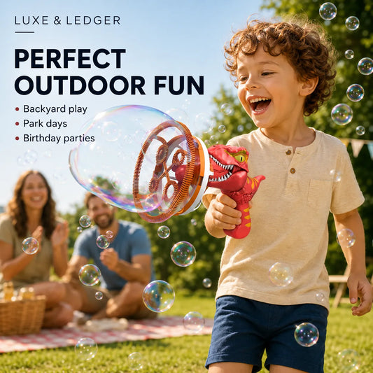 Child playing with a dinosaur bubble gun in a park with text about outdoor fun.
