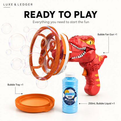 Dinosaur-themed bubble gun set with bubble fan gun, tray, and bottle on a white background