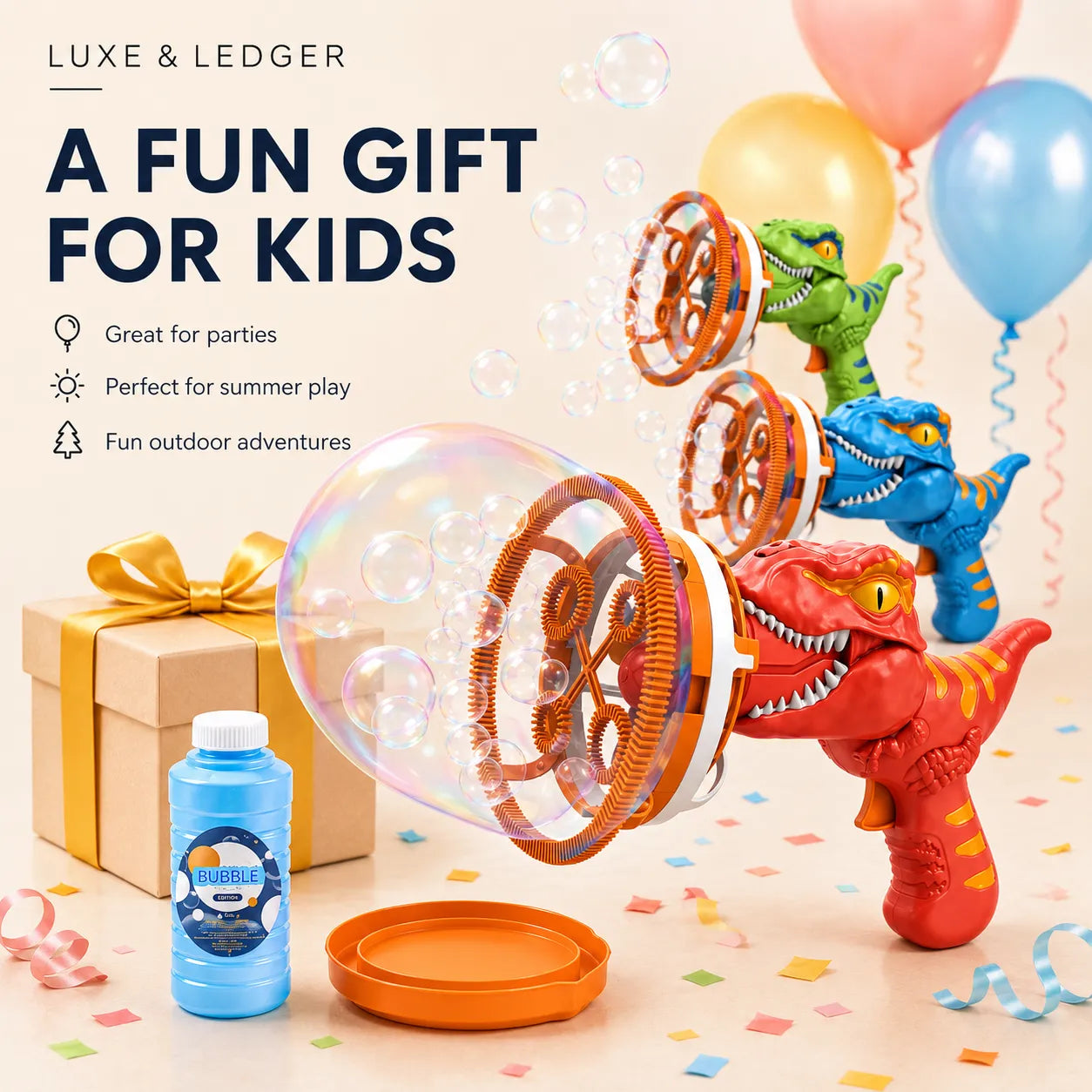 Dinosaur-themed bubble gun with balloons and gift box on a celebratory background