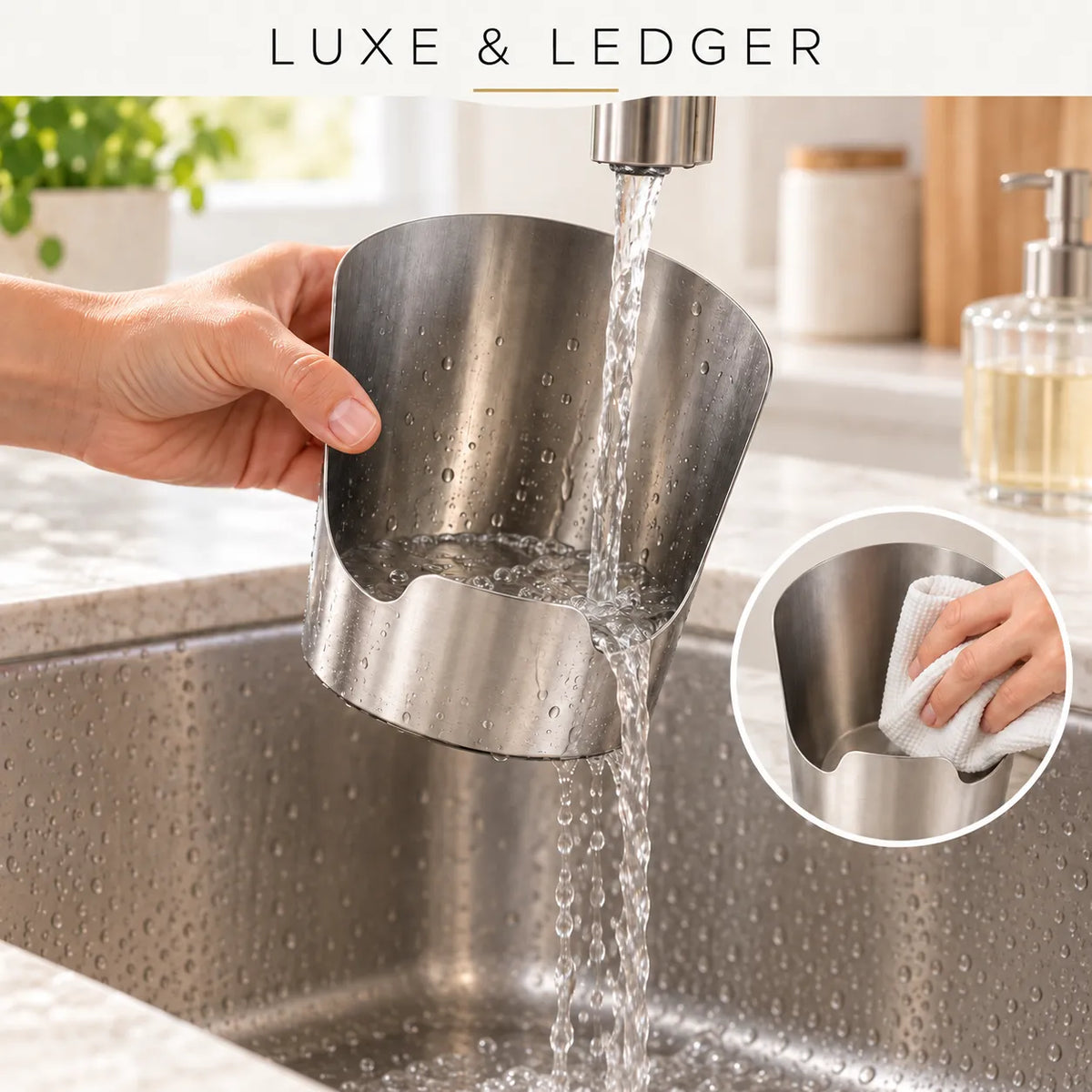 A stainless steel kitchen cup or scoop is shown being held under a running faucet in a sink, with a circular inset showing a hand wiping the inside with a cloth. The text 'LUXE & LEDGER' appears at the top.