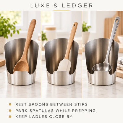 Three stainless steel kitchen utensil holders shown side by side on a countertop, each holding a spoon or spatula. The image includes the text 'LUXE & LEDGER' at the top and usage tips at the bottom, with a clean kitchen background visible behind the holders.