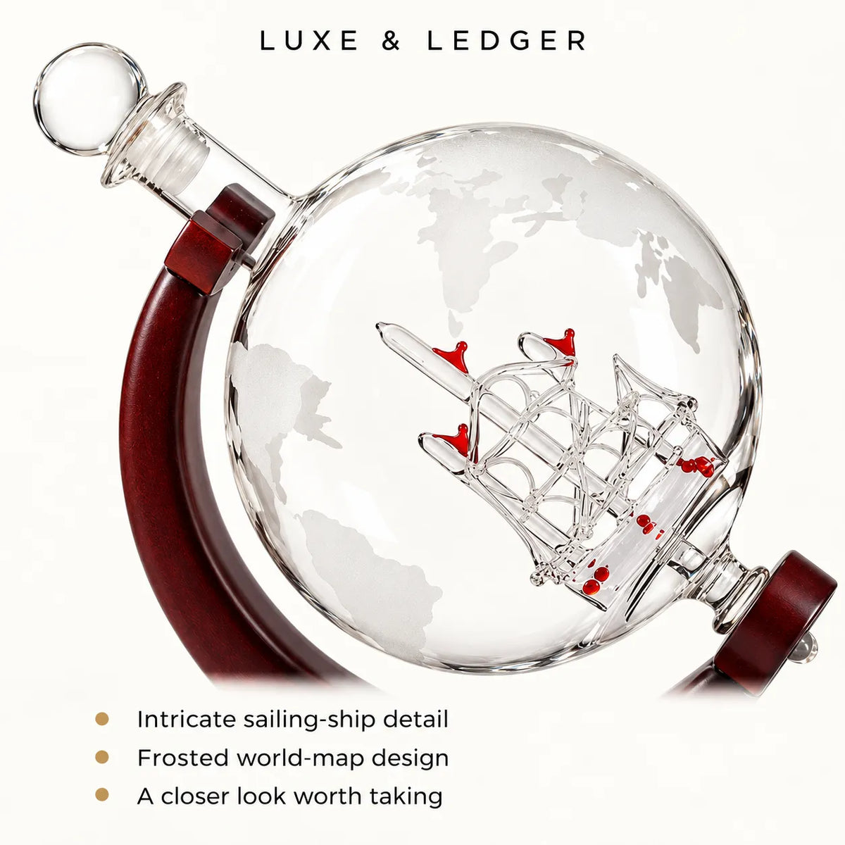 Clear glass globe-style watch case with a frosted world map design, red ship detail, dark reddish-brown wooden side accents, and the text 'LUXE & LEDGER' at the top on a white background.