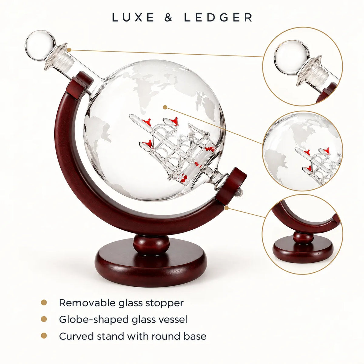 A globe-shaped glass vessel on a curved dark wood stand with a round base, shown on a light gray background. The image includes callout circles highlighting details such as the removable glass stopper, the glass vessel, and the curved stand.