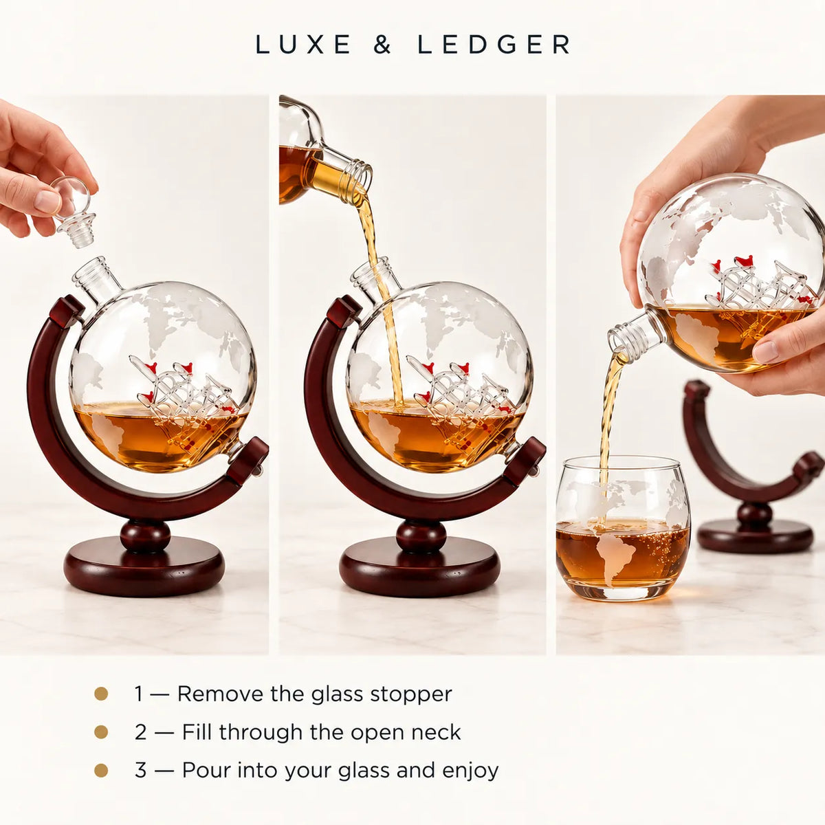 Three-panel demonstration of a globe-shaped clear glass decanter with a dark wood stand, showing a hand removing the stopper, pouring amber liquid into an open neck, and pouring the liquid into a small glass. Text at top reads 'LUXE & LEDGER' and text at bottom lists steps 1-3.