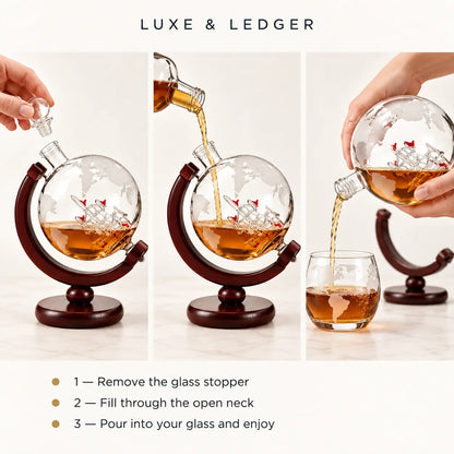 Three-panel demonstration of a globe-shaped clear glass decanter with a dark wood stand, showing a hand removing the stopper, pouring amber liquid into an open neck, and pouring the liquid into a small glass. Text at top reads 'LUXE & LEDGER' and text at bottom lists steps 1-3.