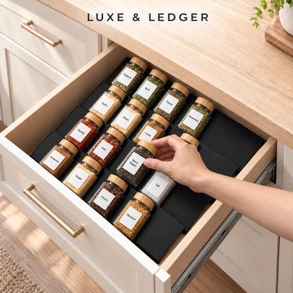 An open kitchen drawer with a black spice organizer holding multiple labeled glass spice jars, shown in a real kitchen setting with a hand reaching for one jar. The text 'LUXE & LEDGER' appears at the top.
