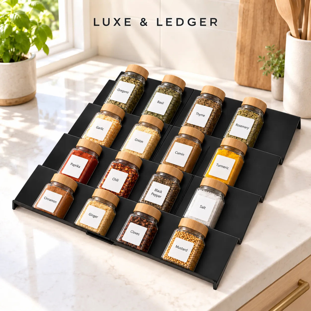 A black 15-compartment spice rack organizer holding clear glass jars with wooden lids and labeled spice contents, set on a white marble kitchen countertop near a window. The text 'LUXE & LEDGER' appears at the top.