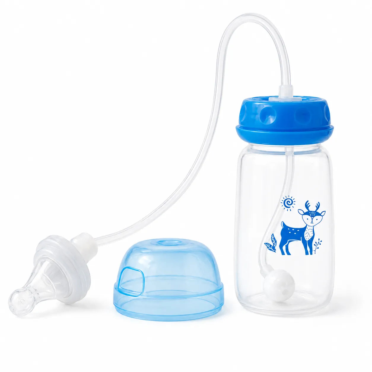 A clear baby bottle with a blue screw-top lid, a clear feeding tube, a separate clear nipple, and a translucent blue cap, shown on a white background. The bottle has a blue deer graphic printed on the front.