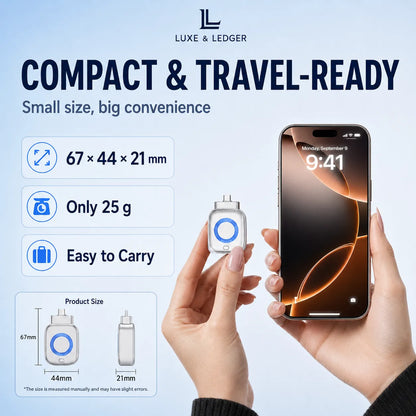 A person holds a small square electronic device with a blue circular front, shown alongside a smartphone and marketing text that reads 'Compact & Travel-Ready' with dimensions, weight, and ease of carry details. The brand name LUXE & LEDGER appears at the top.