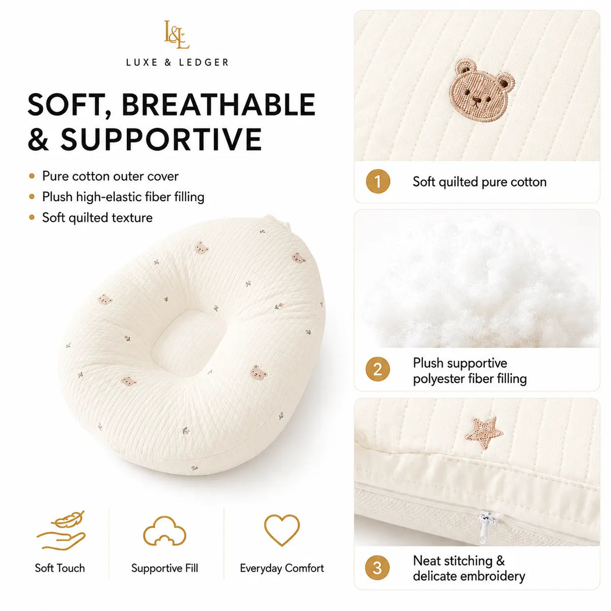 A promotional product graphic for a baby support pillow by Luxe & Ledger. The main subject is a cream-colored U-shaped baby pillow with small embroidered star and bear motifs.