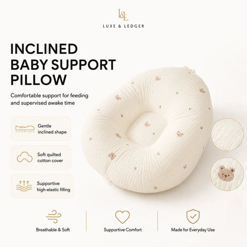 Luxe & Ledger inclined baby support pillow in a cream-colored ribbed fabric with tiny teddy bear prints, shown on a clean white background with product features and benefits listed on the left.