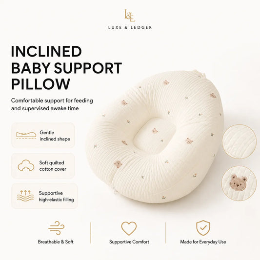 Luxe & Ledger inclined baby support pillow in a cream-colored ribbed fabric with tiny teddy bear prints, shown on a clean white background with product features and benefits listed on the left.