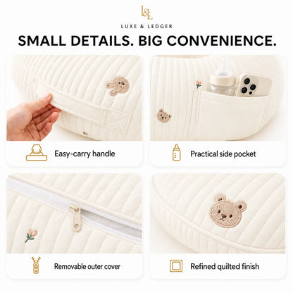 A promotional collage for a quilted cream-colored diaper bag or soft carrier, showing four feature panels with text labels: easy-carry handle, practical side pocket, removable outer cover, and refined quilted finish. A hand is visible in one panel to demonstrate the handle.