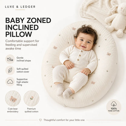 A baby wearing a cream ribbed onesie sits in a circular, inclined baby pillow. The image is a promotional graphic for a 'Baby Zoned Inclined Pillow' by Luxe & Ledger, featuring text callouts about its gentle inclined shape, soft quilted cotton cover, and supportive high-elastic filling, along with circular inset details of bear embroidery and premium cotton.
