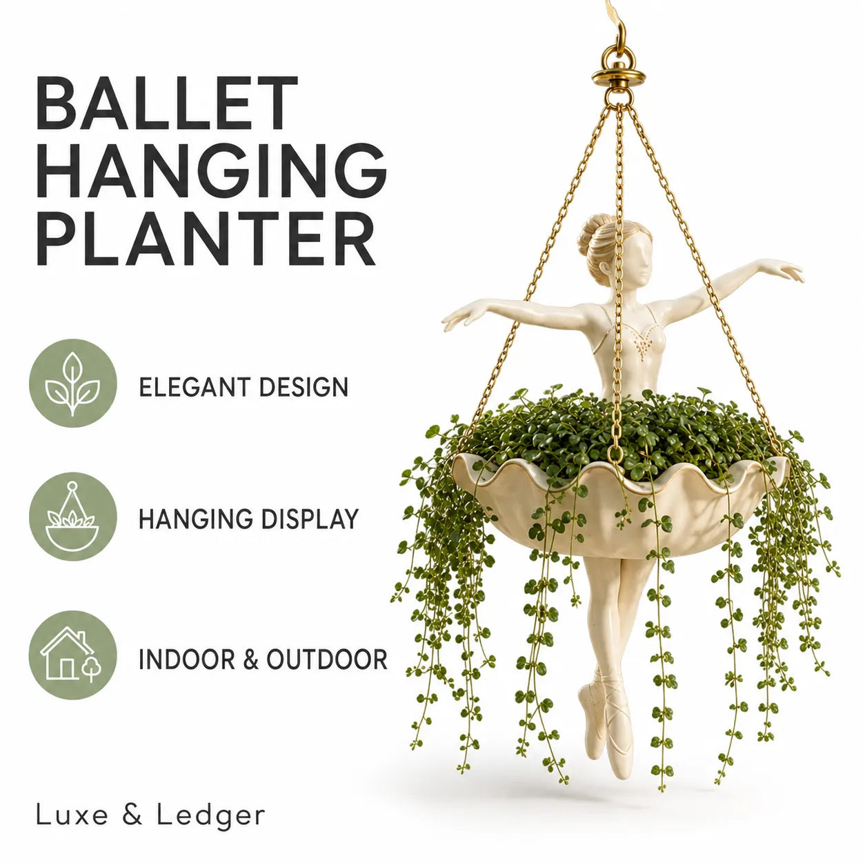 Ballet hanging planter with a cream-colored ballerina figure and trailing green ivy, shown against a white background with promotional text and icons.