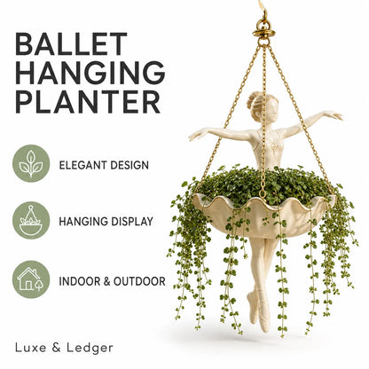Ballet hanging planter with a cream-colored ballerina figure and trailing green ivy, shown against a white background with promotional text and icons.
