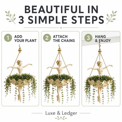 Instructional graphic showing how to hang a ballerina planter in three steps: add your plant, attach the chains, and hang & enjoy. The beige ballerina figurine holds a green trailing plant, displayed in three panels with the Luxe & Ledger brand name at the bottom.