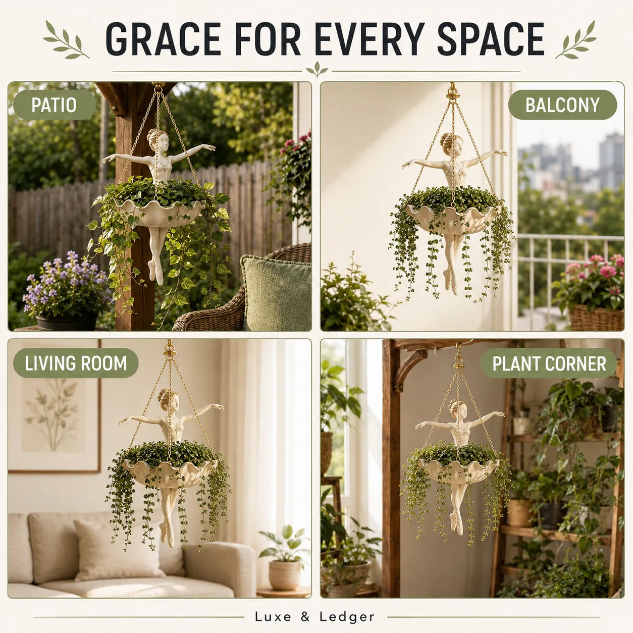 A four-panel promotional collage showing a hanging planter with a ballerina figure and trailing greenery in different real-world settings: patio, balcony, living room, and plant corner. Large text at the top reads 'GRACE FOR EVERY SPACE' and the bottom text reads 'Luxe & Ledger'.