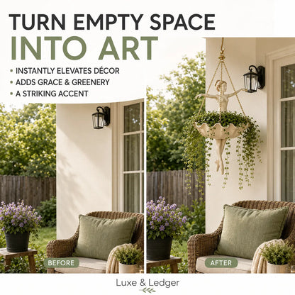 A promotional before-and-after collage for an outdoor wall art or decor product. The left panel shows a patio chair, potted flowers, and a house wall with the text 'TURN EMPTY SPACE INTO ART'; the right panel shows the same scene with a hanging planter featuring a ballerina figure and trailing greenery, labeled 'AFTER'.