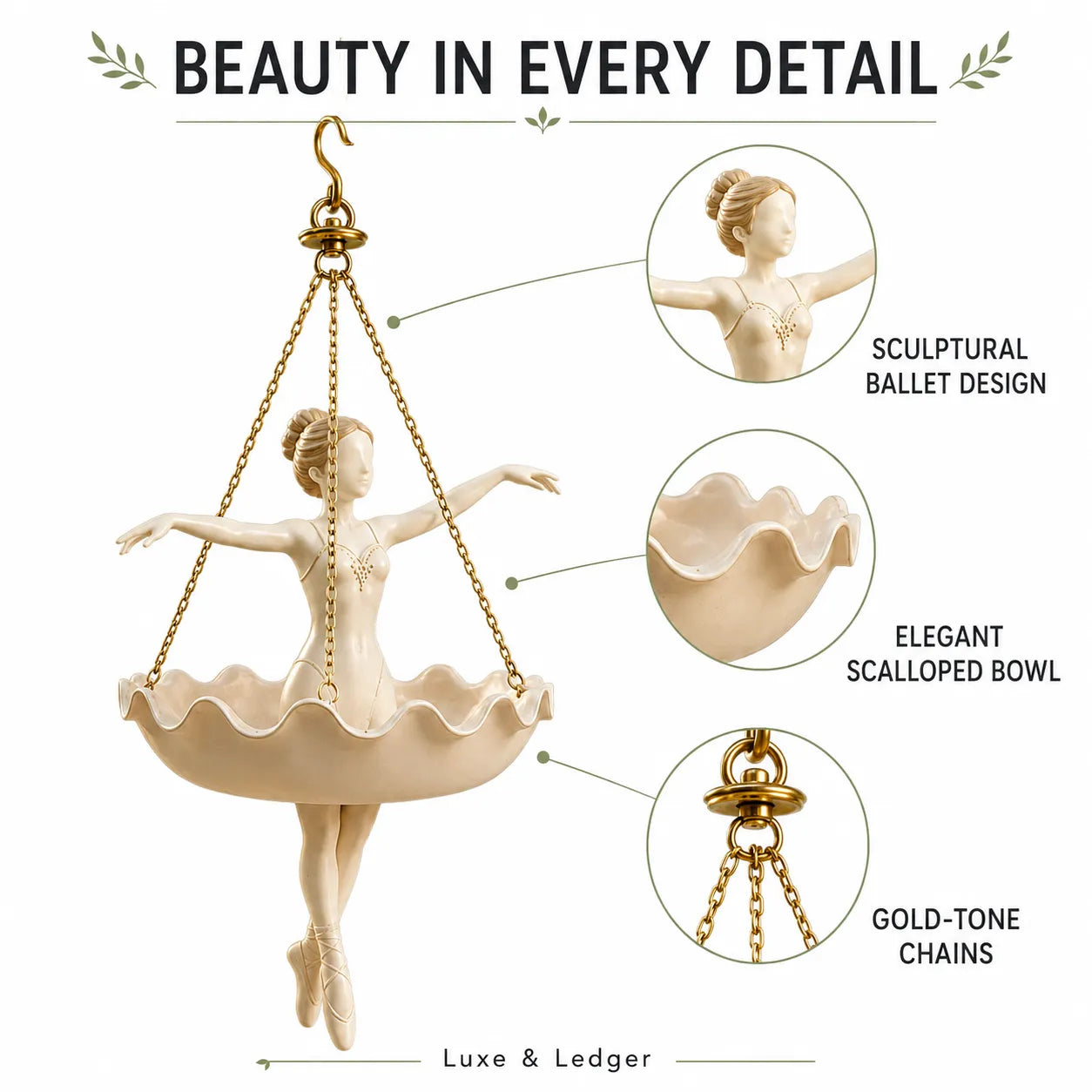 An off-white ceramic ballerina hanging ornament with gold-tone chains, shown with three circular callout details labeled sculptural ballet design, elegant scalloped bowl, and gold-tone chains on a white background.