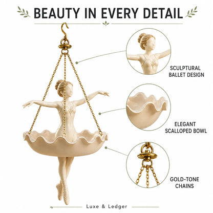 An off-white ceramic ballerina hanging ornament with gold-tone chains, shown with three circular callout details labeled sculptural ballet design, elegant scalloped bowl, and gold-tone chains on a white background.