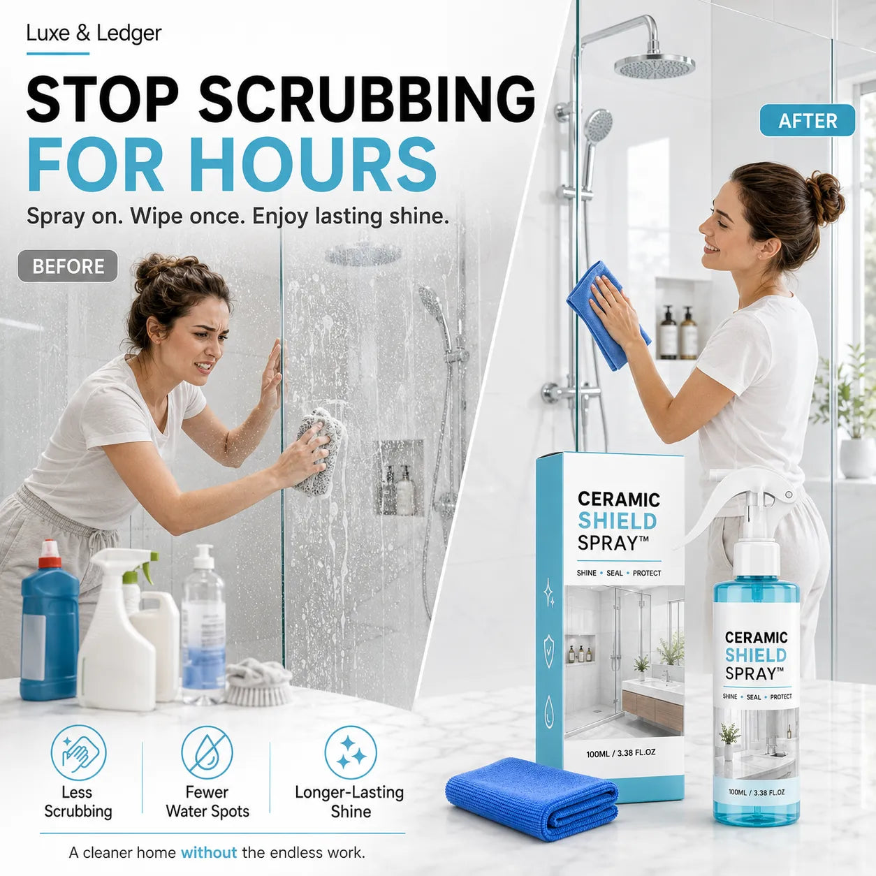 Luxe & Ledger Ceramic Shield Spray advertisement showing a before-and-after shower scene with a woman cleaning a glass shower door, alongside the product box and spray bottle on a white countertop.