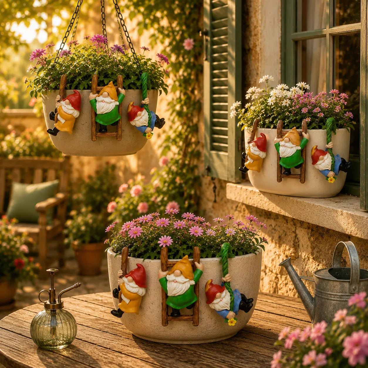 Three decorative hanging and tabletop planter pots filled with pink and white flowers, each featuring gnome figures climbing on the pot, styled in a sunny garden patio setting with a watering can and greenery.