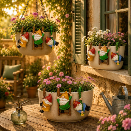 Three decorative hanging and tabletop planter pots filled with pink and white flowers, each featuring gnome figures climbing on the pot, styled in a sunny garden patio setting with a watering can and greenery.